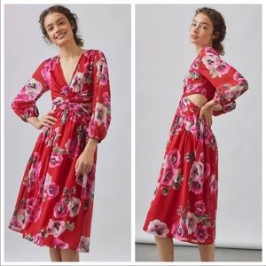 Anthropologie NWT Red/Pink Floral Cutout Midi